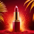 Lipstick commercial photography with explosion of red and yellow dust