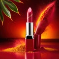 Lipstick commercial photography with explosion of red and yellow dust