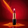 Lipstick commercial photography with explosion of red and yellow dust