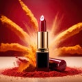 Lipstick commercial photography with explosion of red and yellow dust