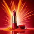 Lipstick commercial photography with explosion of red and yellow dust