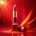 Lipstick commercial photography with explosion of red and yellow dust