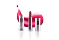 Lipstick cosmetic makeup mockup design template. Vector 3d pink red golden color pomade tube and lipstick smudge smear