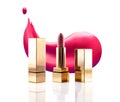 Lipstick cosmetic makeup mockup design. Vector 3d pink red golden color pomade tube and lipstick smudge smear. Beauty