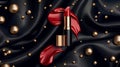 A lipstick cosmetics make up beauty product ad banner with red rouge and liquid gloss tubes on a black silk draped Royalty Free Stock Photo