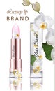Lipstick cosmetics realistic Vector with flower decor. Product packaging mock up. Soft orchid fragrances