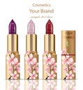 Lipstick cosmetics set realistic Mock up Vector. Floral ornament decor, golden packaging original design. Gold colors