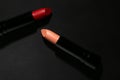 Lipstick. Fashion Colorful Lipsticks over black background. Lipstick tints palette, Professional Makeup and Beauty. Beautiful Make