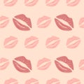 Lipstick imprint seamless pattern, lips in kiss for Valentines Day goods design, love confession, wedding invitation, paper print