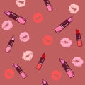 Lipstick with kiss hand drawing. Vector seamless pattern retro style. Abstract seamless pattern for girls, clothes