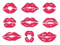 Lipstick kiss mark. Mouth and lips makeup, print lip, red female kisses, affair sexy girl, isolated silhouette, marks