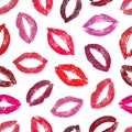Lipstick kiss. Nice seamless pattern. Joyful design. Lips traces on white background. Imprint real female lips. Fashion makeup lip