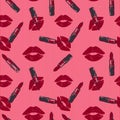 Lipstick and kiss pattern on pink background
