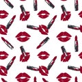 Lipstick and kiss pattern on white background