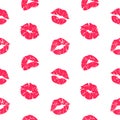 Lipstick kiss pattern. Woman lips with grunge texture, red female mouth seamless texture. Vector romantic print template