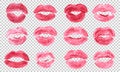 Lipstick kiss print isolated vector set pink red coral lips set different shapes