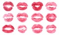 Lipstick kiss print isolated vector set pink red coral lips set different shapes Royalty Free Stock Photo