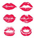Lipstick Kiss Print Isolated Vector Set. Red Vector Lips Set. Different Shapes Of Female Red Lips. Lips Makeup,