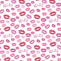 Lipstick kiss print. Vector fashion seamless pattern for textile or wrapping. Valentines day background with color lips