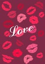 Lipstick kiss. Red and pink woman lips, love text, valentine day card or modern poster, social media post or stories Royalty Free Stock Photo