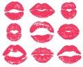 Lipstick kiss. Sexy woman red lips print. Female mouth makeup silhouettes, love smooches romantic valentines isolated Royalty Free Stock Photo