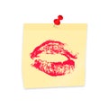 Lipstick kiss on yellow sticky note attached with pin. Realistic sticker and pushpin isolated on white. Red lipstick print. Sexy Royalty Free Stock Photo