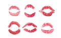 Lipstick kisses set, Red love kiss icons. Woman mouth isolated on white paper. Pink Signet mark. Sexy glossy lip makeup Royalty Free Stock Photo