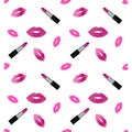 Lipstick and lips seamless vector pattern with pink glitter effect