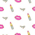 Lipstick, lips and shoe line icon seamless pattern.