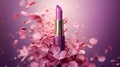 Lipstick with pink flower petals on a purple background.Generative AI