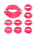 Lipstick Print on Paper. Sweet Kiss. Romance. A Set of Lush Sexy Red and Seductive Pink Lips. Flat Color Fashion style. White