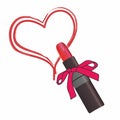 The lipstick is red, tied with a scarlet ribbon on a white background, on which a smear of lipstick in the form of a heart is appl