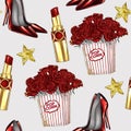 LIPSTICK, ROSES, STILETTO HEELS SEAMLESS PATTERN ON GRAY BACKGROUND Royalty Free Stock Photo