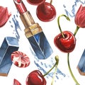 Lipstick seamless pattern. Opened red lipstick in black case. Pomade with Cherry fruits and flowers. Isolated clipart