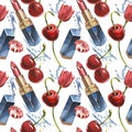 Lipstick seamless pattern. Opened red lipstick in black case. Pomade with Cherry fruits and flowers. Isolated clipart