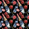 Lipstick seamless pattern. Opened red lipstick in black case. Pomade with Cherry fruits and flowers. Isolated clipart