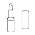 Lipstick. Sketch. Womens cosmetic product. The tube lid is nearby. Vector illustration. Lip moisturizer. Coloring book.