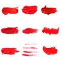 Lipstick smear smudge swatch isolated on white background. Cream makeup texture. Bright red color cosmetic product brush stroke Royalty Free Stock Photo