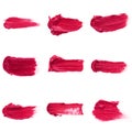 Lipstick smear smudge swatch isolated on white background. Cream makeup texture. Bright red color cosmetic product brush stroke sw Royalty Free Stock Photo