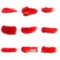 Lipstick smear smudge swatch isolated on white background. Cream makeup texture. Bright red color cosmetic product brush stroke sw