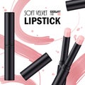 Lipstick soft velvet pink advertising template. Fashion banner makeup lipstick. Cream smear cosmetics