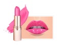 Lipstick tube, pink color lipstick, lipstick smear and lips. Royalty Free Stock Photo