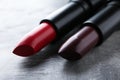 Lipsticks of different shades on grey background Royalty Free Stock Photo