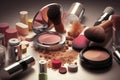 lipsticks, foundation, setting powder Close up make up products, Generative Ai