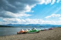 Liptovska Mara lake in Slovakia, rental boats and changing weather Royalty Free Stock Photo