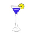 Liqueur blue Curacao in a tall glass, decorated with orange slice. Vector Hand drawn illustration Royalty Free Stock Photo