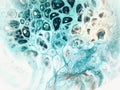 Liquid acrylic painting, babbles, wave, foam, sea, water, underwater. Blue, turquoise, white wallpaper, background Royalty Free Stock Photo