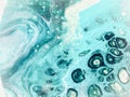 Liquid acrylic painting, babbles, wave, foam, sea, water, underwater. Blue, turquoise, white wallpaper, background Royalty Free Stock Photo