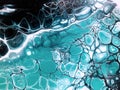 Liquid acrylic painting, imitation water babbles, wave, foam, sea. Blue, turquoise and black paint