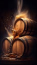 Liquid being poured on top of the three wooden barrels Royalty Free Stock Photo